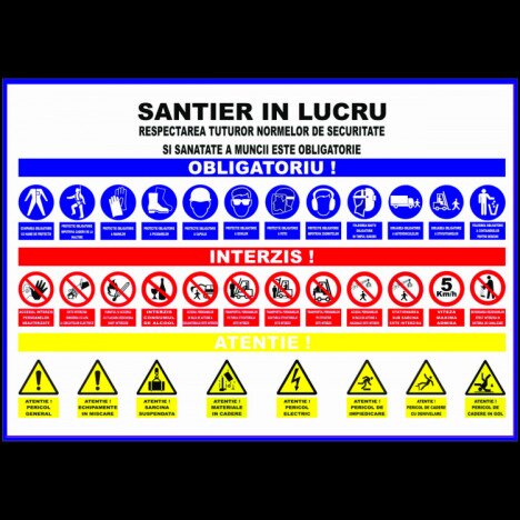 Panou santier in lucru respectarea tuturor normelor de securitatea si sanatatea a muncii este obliga